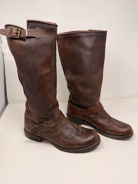 Frye Vintage Leather Brown Buckle Harness Riding Biker Moto Tall Engineer Boots